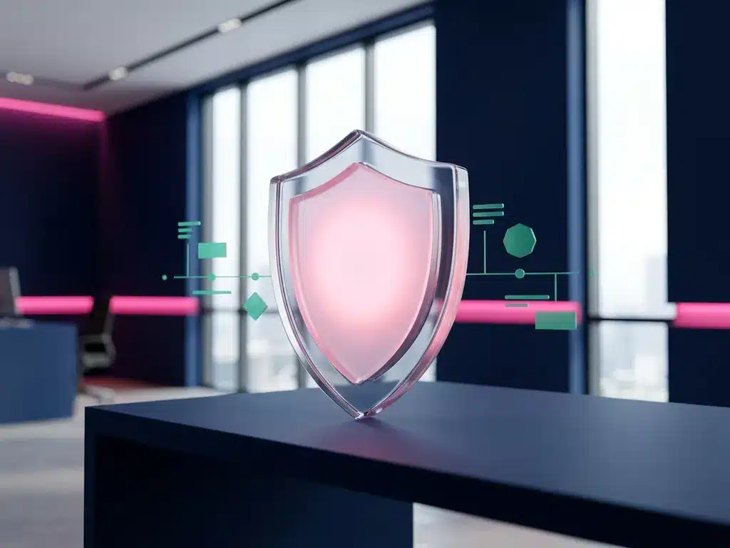 Durchsichtiger Glasschild auf dunklem Schreibtisch mit rosa Innenlicht und schwebenden türkisen Projektelementen im modernen Büro