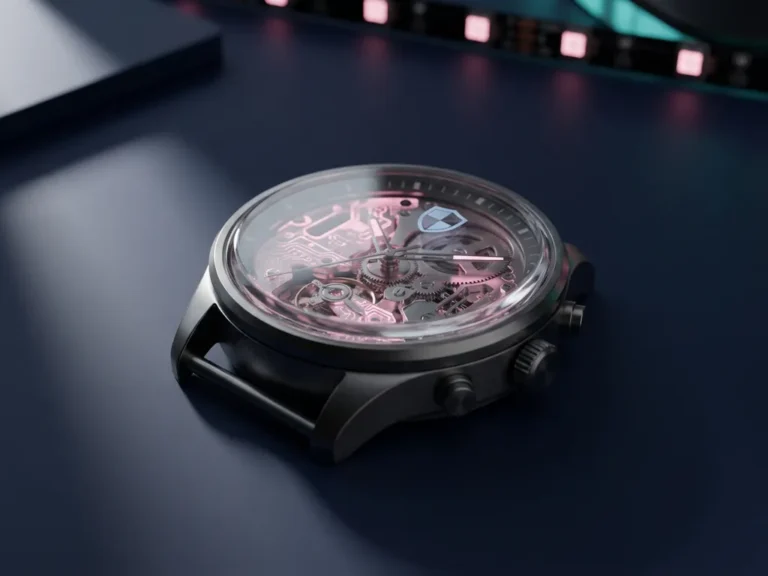 Moderne Armbanduhr mit transparentem Glas und leuchtenden rosa Schaltkreismustern auf dunklem Schreibtisch