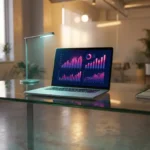 Laptop mit bunten Datenvisualisierungen und Diagrammen auf dem Bildschirm steht auf modernem Glastisch im Büro