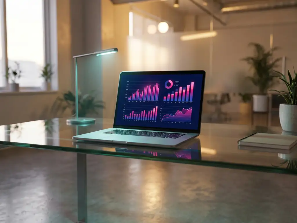 Laptop mit bunten Datenvisualisierungen und Diagrammen auf dem Bildschirm steht auf modernem Glastisch im Büro