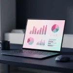 Laptop mit bunten Balkendiagrammen und Kreisdiagrammen auf dem Bildschirm, auf dunklem Schreibtisch mit dramatischer Beleuchtung