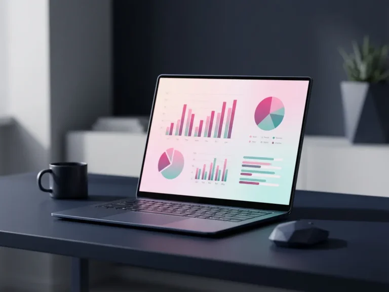 Laptop mit bunten Balkendiagrammen und Kreisdiagrammen auf dem Bildschirm, auf dunklem Schreibtisch mit dramatischer Beleuchtung