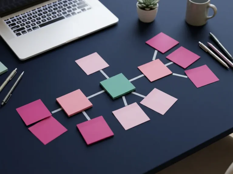 Bunte Haftnotizen in organisiertem Design-Thinking-Muster auf dunkelblauem Schreibtisch mit weißem Laptop im Hintergrund