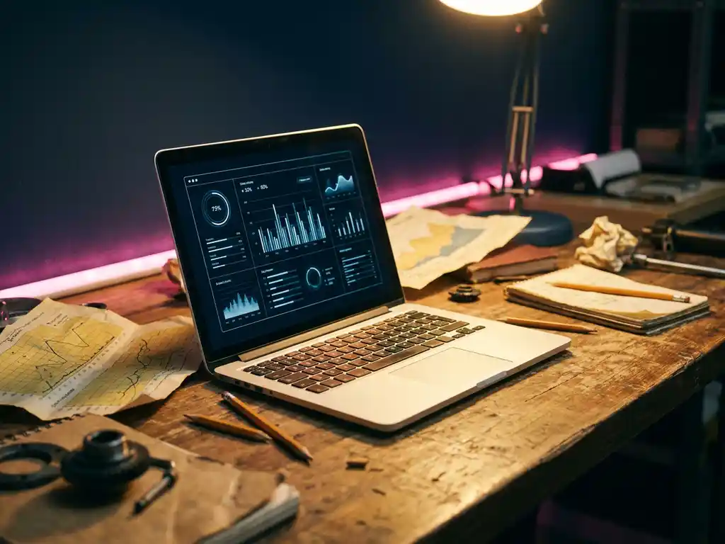 Moderner Laptop mit sauberen digitalen Oberflächen auf unordentlichem Holzschreibtisch mit zerknitterten Papieren und Stiften