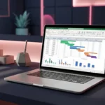 Laptop mit Excel-Tabellenkalkulation und bunten Projektzeitleisten auf modernem dunkelblauem Schreibtisch mit rosa Akzentbeleuchtung