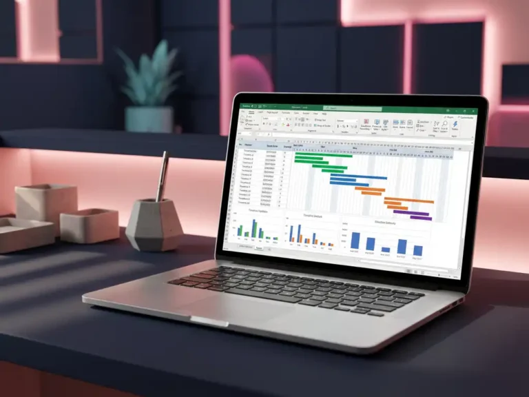 Laptop mit Excel-Tabellenkalkulation und bunten Projektzeitleisten auf modernem dunkelblauem Schreibtisch mit rosa Akzentbeleuchtung