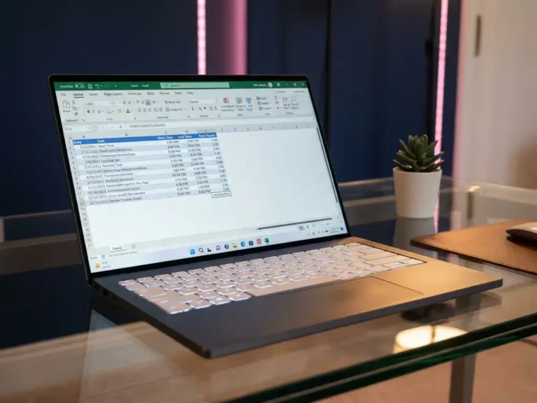 Laptop mit Excel-Tabelle für Zeiterfassung auf modernem Glasschreibtisch in minimalistischem Büro