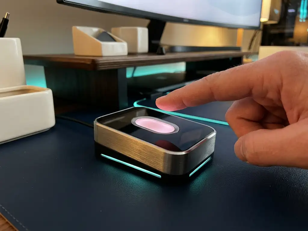 Fingerabdruckscanner mit rosa LED-Beleuchtung auf dunklem Schreibtisch, Finger nähert sich dem Gerät