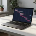 Laptop zeigt Gantt-Diagramm mit rosa und magenta Balken auf dunklem Interface, auf weißem Schreibtisch in modernem Büro