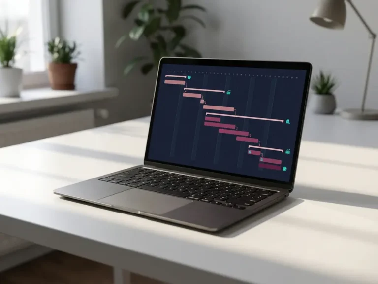 Laptop zeigt Gantt-Diagramm mit rosa und magenta Balken auf dunklem Interface, auf weißem Schreibtisch in modernem Büro