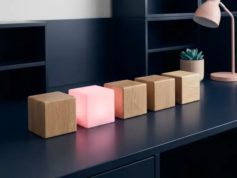 Fünf glatte Holzblöcke in einer Reihe auf dunkler Oberfläche, ein Block mit rosa Licht beleuchtet