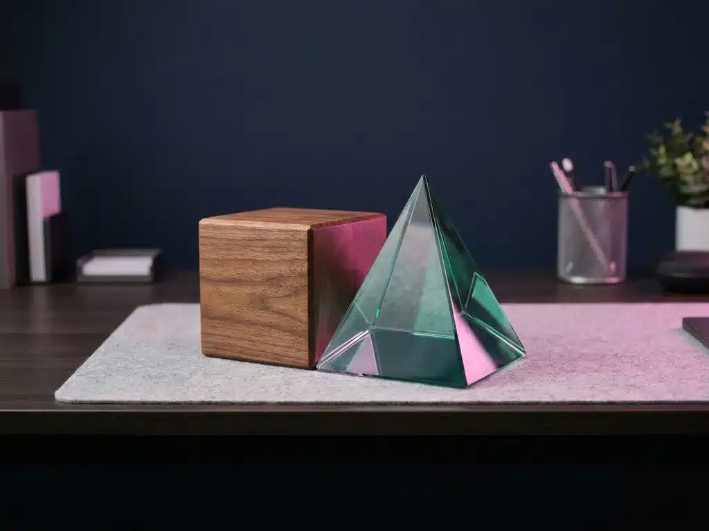 Moderner Arbeitsplatz mit verzahntem Holzwürfel und Glaspyramide auf dunklem Hintergrund, beleuchtet in Rosa und Türkis