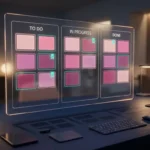 Kanban-Board mit drei Spalten voller rosa und magenta Aufgabenkarten auf dunklem Arbeitsplatz mit türkisen Akzenten