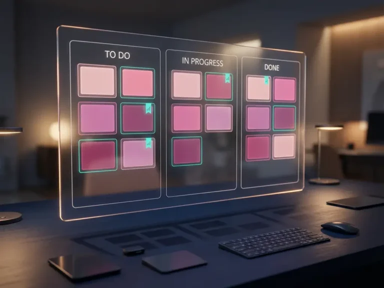 Kanban-Board mit drei Spalten voller rosa und magenta Aufgabenkarten auf dunklem Arbeitsplatz mit türkisen Akzenten