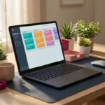 Laptop mit bunten Kanban-Boards auf minimalistischem Schreibtisch, umgeben von Topfpflanzen und kabelloser Maus