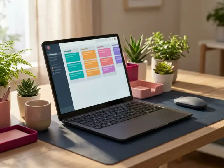 Laptop mit bunten Kanban-Boards auf minimalistischem Schreibtisch, umgeben von Topfpflanzen und kabelloser Maus