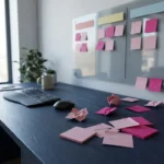 Kanban-Board mit drei Spalten bunter Haftnotizen auf dunklem Schreibtisch, rosa Notizen am Boden zeigen Workflow-Engpässe