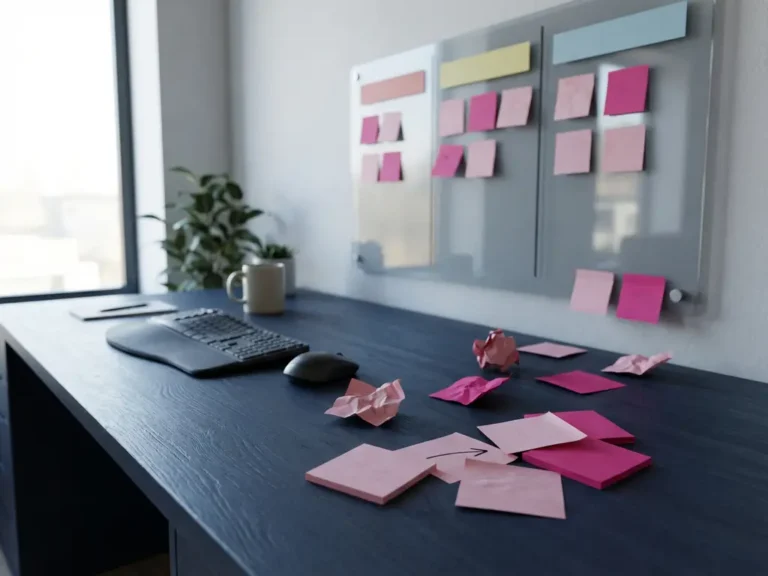Kanban-Board mit drei Spalten bunter Haftnotizen auf dunklem Schreibtisch, rosa Notizen am Boden zeigen Workflow-Engpässe