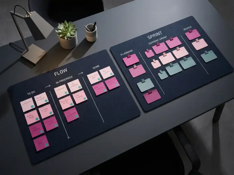 Zwei moderne Projektboards auf elegantem Schreibtisch zeigen Kanban-Workflow mit organisierten Haftnotizen und Scrum-Sprint-Karten in dunklem Navy mit rosa Akzenten