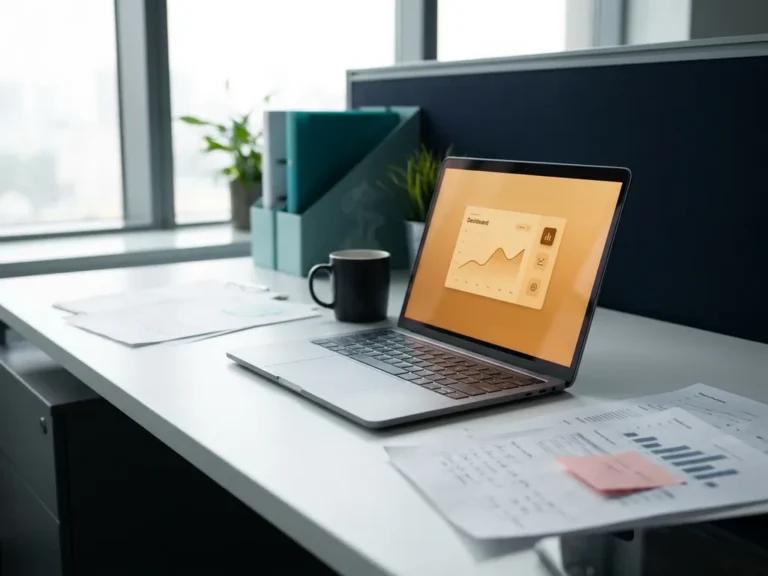 Laptop mit minimalistischem Dashboard auf weißem Schreibtisch, umgeben von Krisenmanagement-Dokumenten mit rosa Haftnotizen und Kaffeetasse