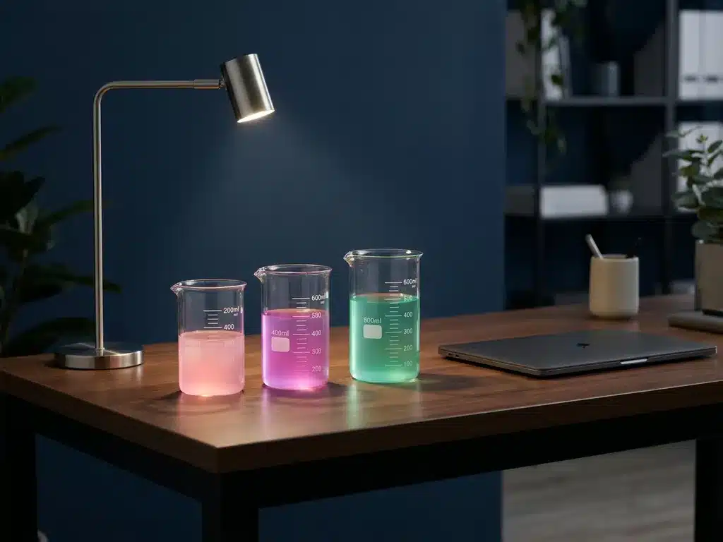 Drei Glasmessbecher mit leuchtenden rosa, magenta und türkisfarbenen Flüssigkeiten auf modernem Schreibtisch vor marineblauem Hintergrund
