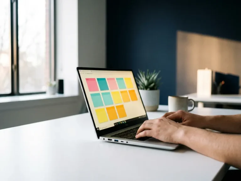 Moderner Laptop mit bunten Haftnotizen in Spalten auf dem Bildschirm, auf weißem Schreibtisch im hellen Büro