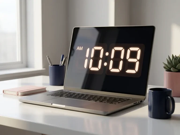 Moderner Laptop mit leuchtender digitaler Uhr auf weißem Schreibtisch in minimalistischem Büro mit navy-blauen und rosa Akzenten