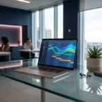 Laptop mit bunten Projektdiagrammen auf Glastisch neben Sukkulente und kabellosen Kopfhörern in modernem Büro
