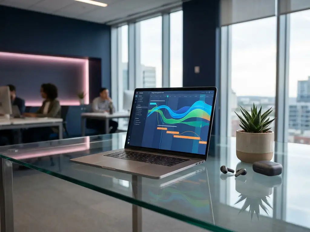 Laptop mit bunten Projektdiagrammen auf Glastisch neben Sukkulente und kabellosen Kopfhörern in modernem Büro