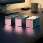 Drei polierte Metallbausteine mit rosa Akzentbeleuchtung auf marineblauem Schreibtisch in minimalistischem Büro