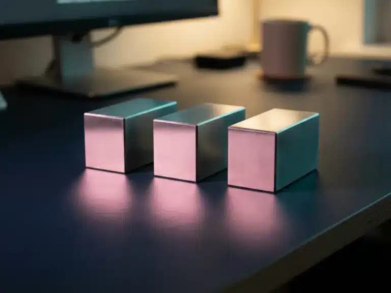 Drei polierte Metallbausteine mit rosa Akzentbeleuchtung auf marineblauem Schreibtisch in minimalistischem Büro