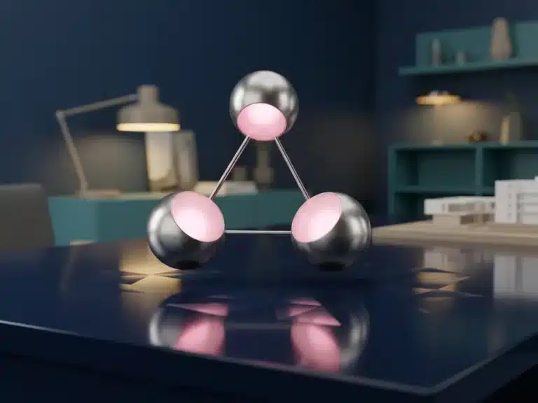 Drei leuchtende Metallkugeln in Dreiecksformation über dunkler Oberfläche mit rosa Innenbeleuchtung und geometrischen Reflexionen