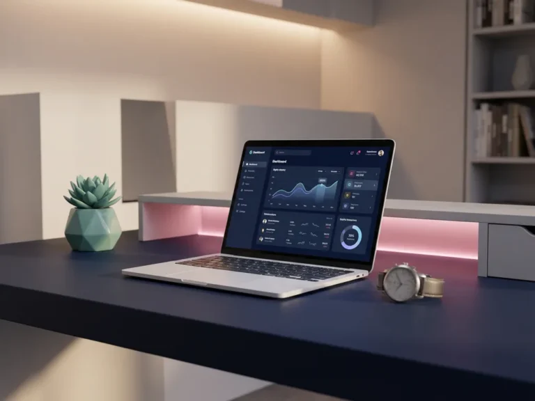 Moderner Arbeitsplatz mit weißem Laptop, analoger Armbanduhr und Pflanze auf dunkler Oberfläche bei rosa Akzentbeleuchtung