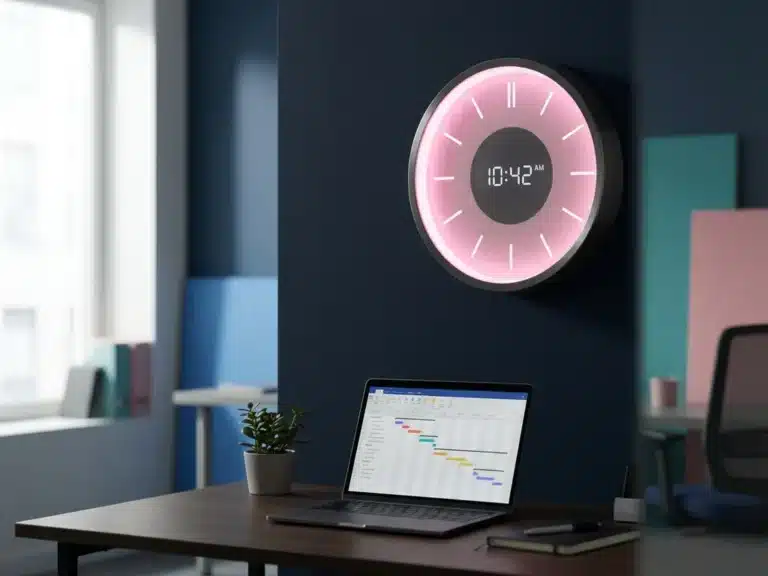 Moderne Wanduhr mit rosa Akzenten an dunkelblauer Wand über Schreibtisch mit Laptop in professionellem Büroambiente