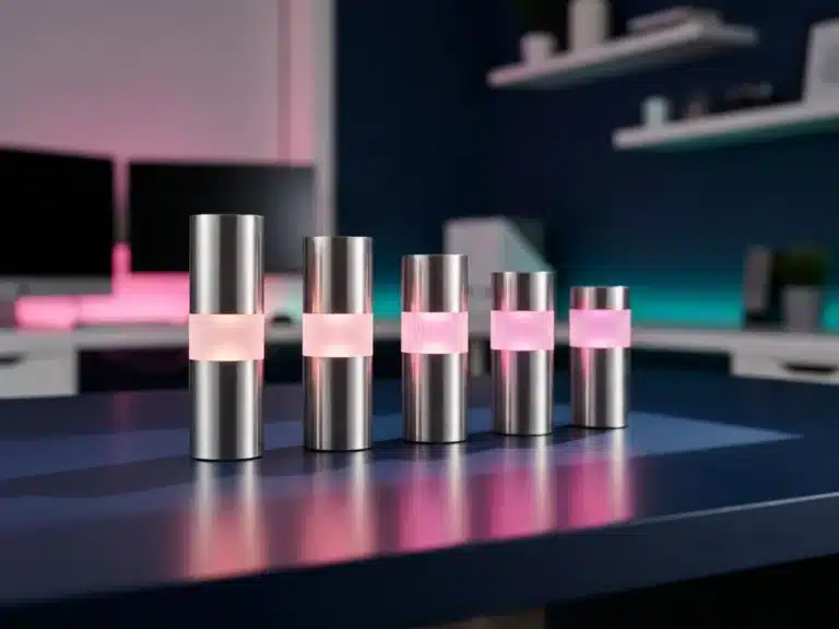 Fünf metallische Säulen unterschiedlicher Höhe mit rosa-magenta Beleuchtung auf glänzender dunkelblauer Oberfläche