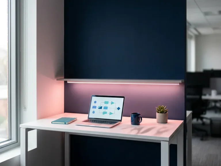 Moderner Arbeitsplatz mit weißem Schreibtisch vor dunkelblauer Wand, Laptop mit geometrischen Diagrammen, rosa Akzentbeleuchtung und Sukkulente