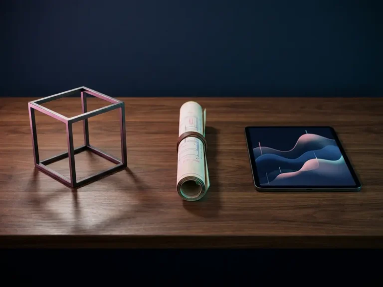 Holzschreibtisch mit Wireframe-Würfel, gerolltem Bauplan und Tablet mit Datenvisualisierung in navy-blauem Studio-Setting