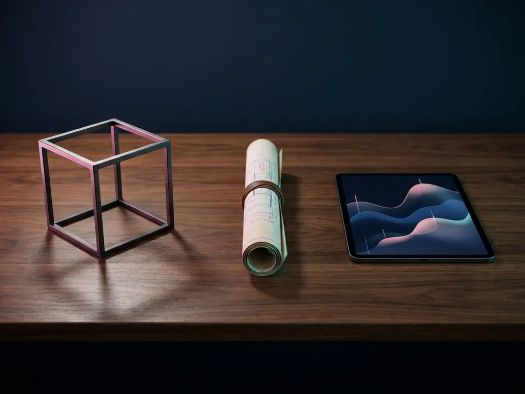 Holzschreibtisch mit Wireframe-Würfel, gerolltem Bauplan und Tablet mit Datenvisualisierung in navy-blauem Studio-Setting