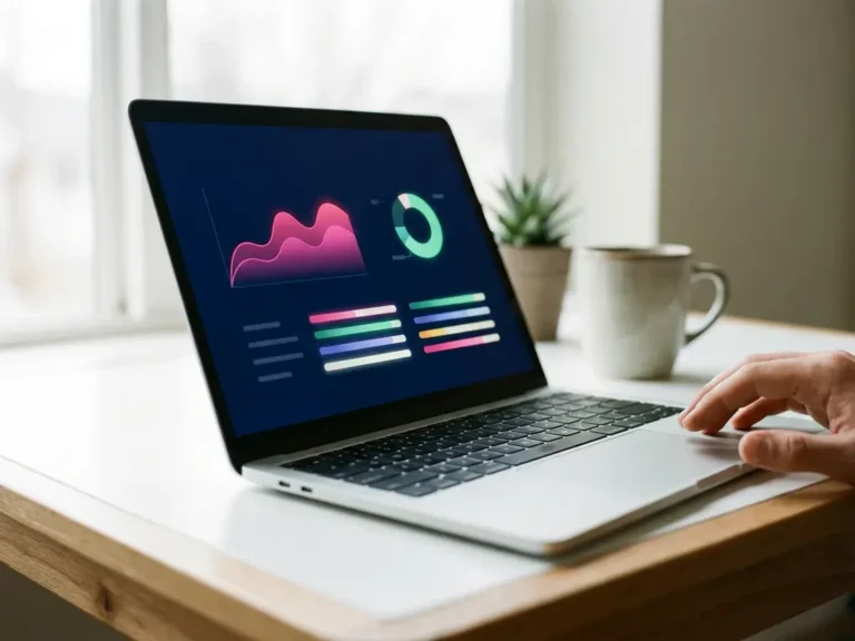 Laptop mit leuchtenden Projektanalyse-Charts und Fortschrittsanzeigen auf modernem weißen Schreibtisch im Büro