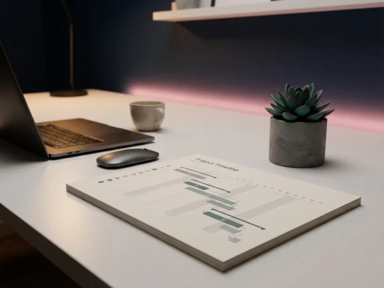 Moderner minimalistischer Arbeitsplatz mit weißem Schreibtisch und gedrucktem Projektzeitplan, dunkelblauer Wand mit rosa Akzentbeleuchtung
