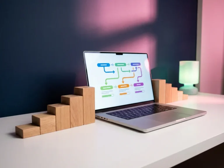 Moderner Laptop mit bunten Workflow-Diagrammen auf weißem Schreibtisch, umgeben von geometrischen Holzblöcken in aufsteigender Anordnung