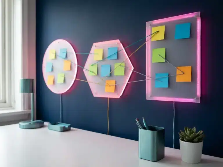 Moderner Arbeitsplatz mit drei schwebenden geometrischen Projektboards mit bunten Haftnotizen vor dunkelblauem Hintergrund
