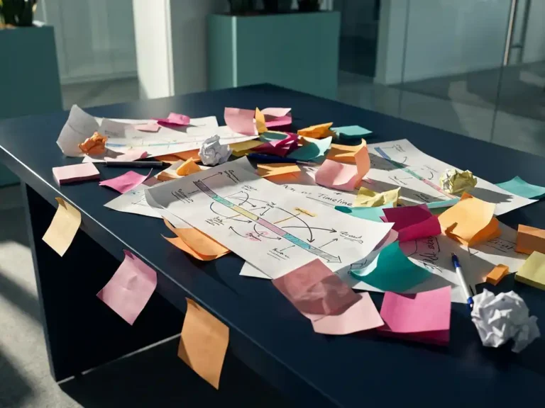 Chaotisch verteilte bunte Haftnotizen und Zeitleisten-Diagramme auf dunklem Schreibtisch mit rosa Akzenten