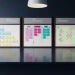 Drei Projektboards auf dunklem Schreibtisch zeigen Waterfall-Methode mit Haftnotizen und Kanban-System mit bunten Aufgabenkarten