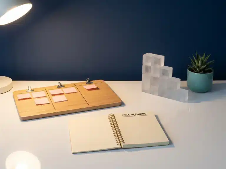 Moderner Arbeitsplatz mit Kanban-Board, Agile-Planungsbuch und geometrischen Blöcken in Wasserfall-Anordnung auf weißem Schreibtisch