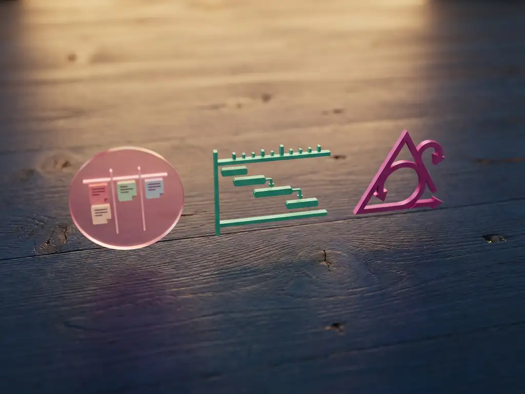 Drei Projektmanagement-Symbole auf Holzschreibtisch: Kanban-Board in Rosa, Gantt-Diagramm in Türkis und Scrum-Sprint-Dreieck in Magenta
