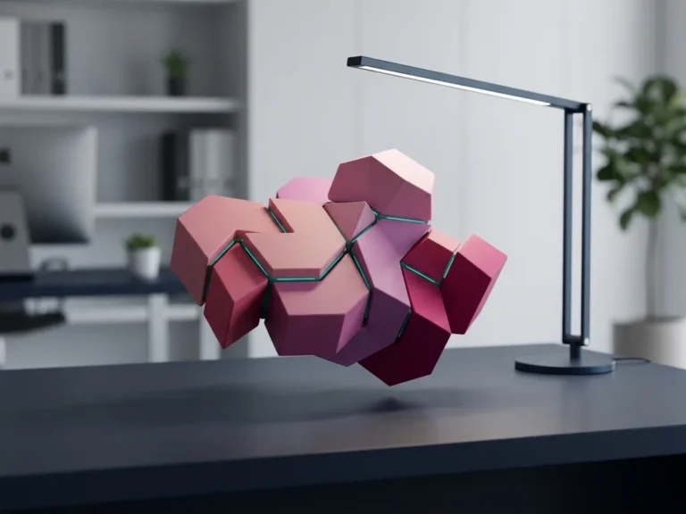 Rosa und magenta Puzzleteile schweben über dunklem Arbeitsplatz und symbolisieren verschmelzende Projektmethodologien