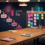 Holzschreibtisch mit Wasserfall-Diagramm und Agile-Board mit bunten Haftnotizen in Sprint-Spalten bei sanfter Beleuchtung