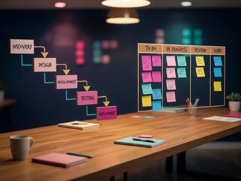 Holzschreibtisch mit Wasserfall-Diagramm und Agile-Board mit bunten Haftnotizen in Sprint-Spalten bei sanfter Beleuchtung