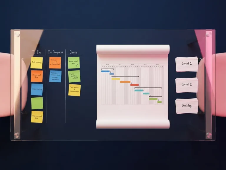 Glaskonferenztisch mit drei Projektplanungsmethoden: Kanban-Board aus bunten Haftnotizen, Gantt-Diagramm und Agile Sprint-Karten